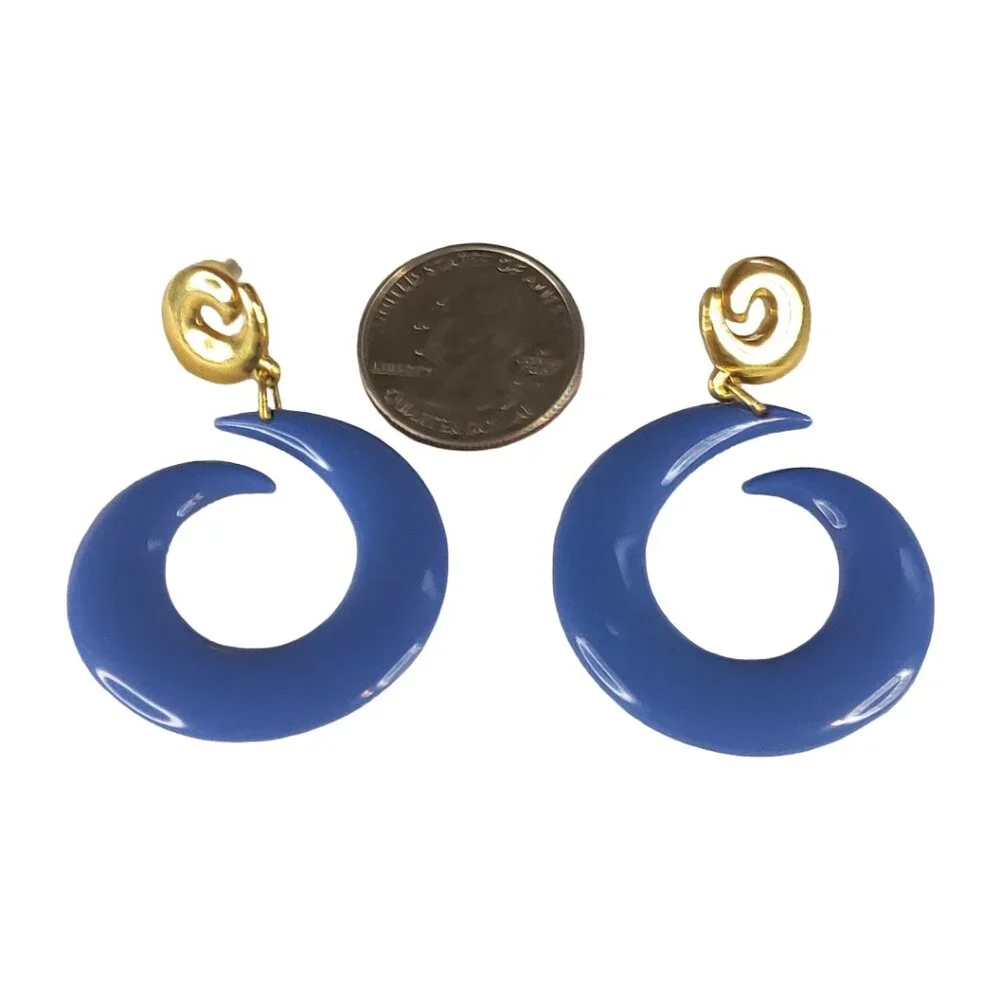 Large Blue and Gold Swirl/Spiral Hanging Earrings
